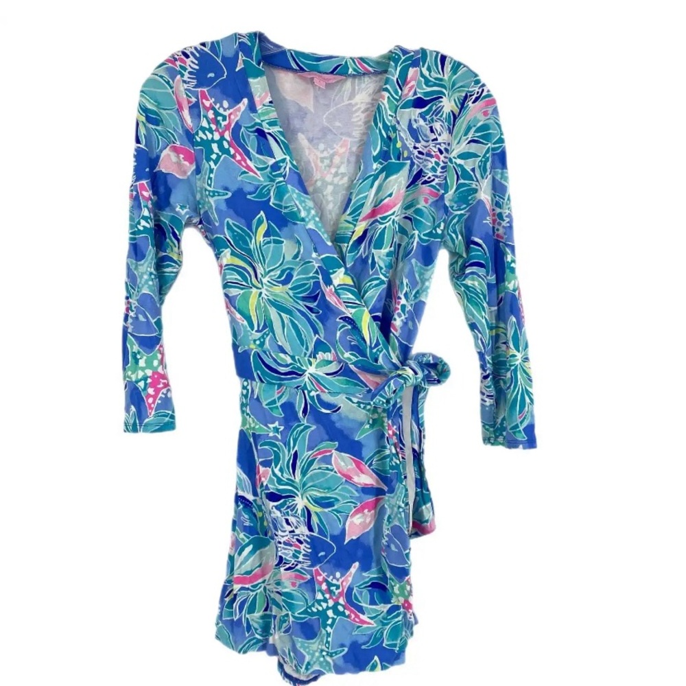 Lilly Pulitzer Medium Blue Aqua KARLIE WRAP ROMPER Shorts Dress V-Neck